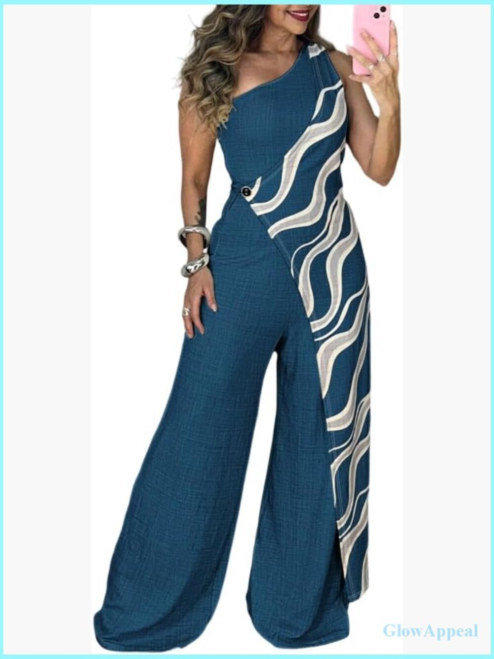 One Shoulder Printed Wide Leg Jumpsuit with Pockets
